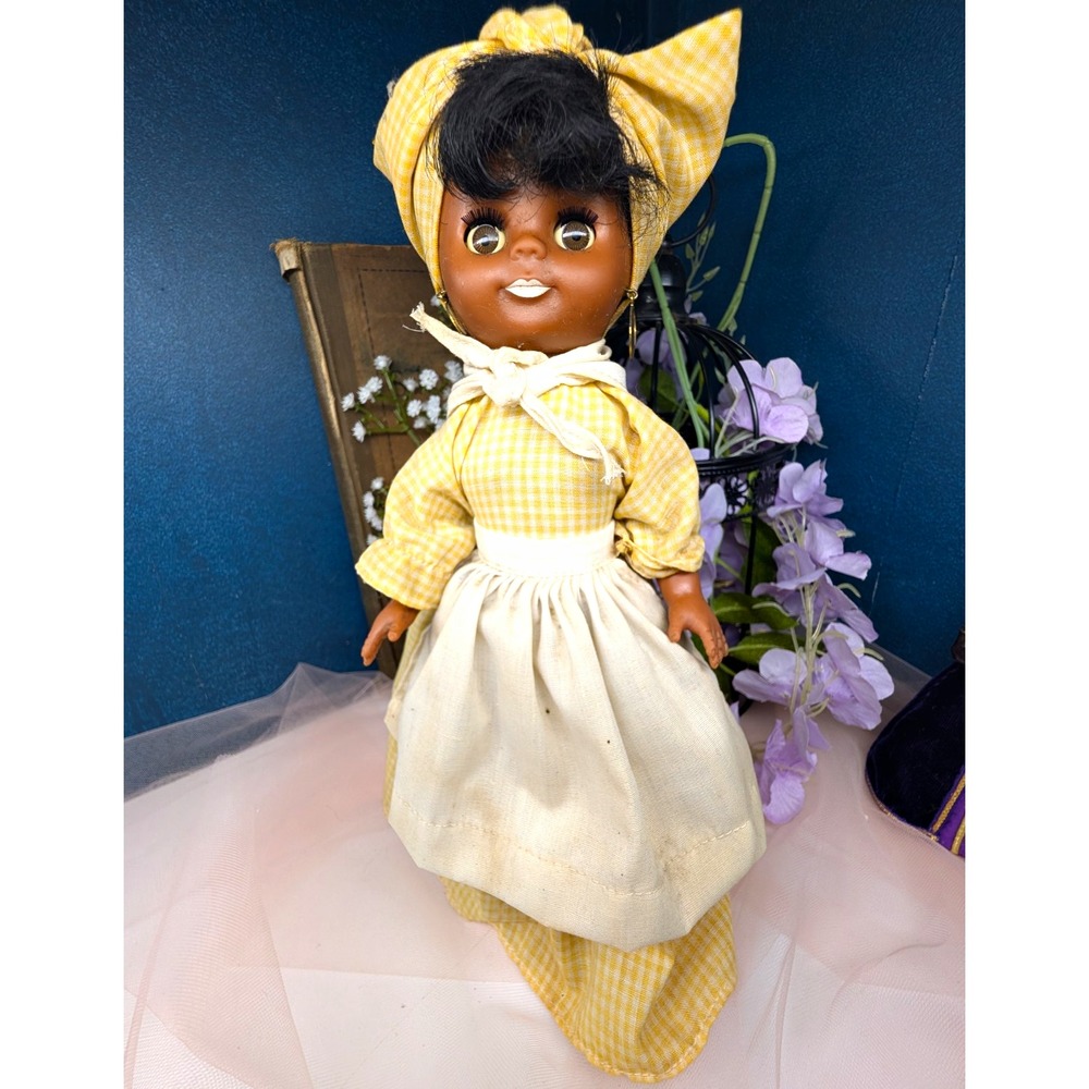 Black Souvenir Folk Art Doll Yellow Gingham Dress  ~10" Vintage